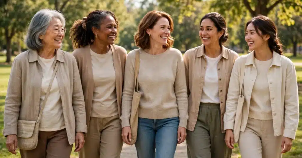 A group of women of varied ages walking together outdoors in a park on a sunny day