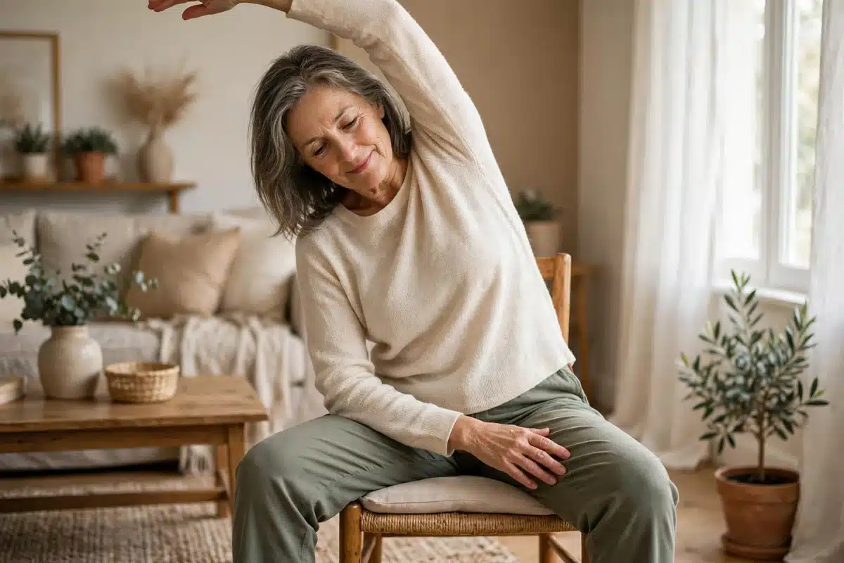 Photo of a woman in her late 50s doing a gentle seated stretch on a chair in a bright living room in soft daylight