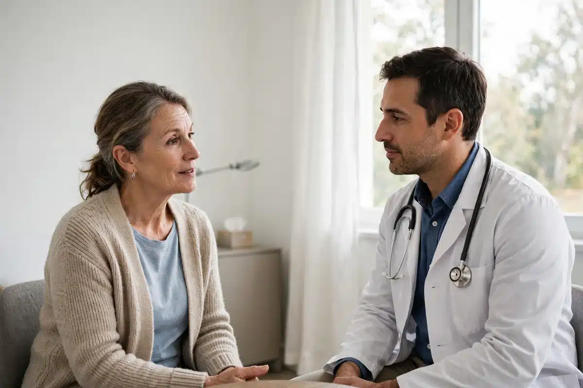 Photo of a woman in her late 50s talking with her doctor in a bright clinic room about aching joints, both seated and calm in natural window light