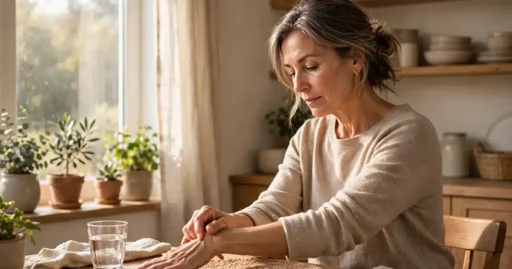 Photo of a woman in her late 50s at home gently stretching her hands and wrists at a kitchen table in warm morning light