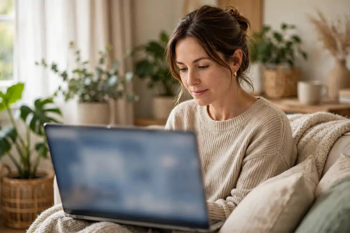 Woman reviewing her patient portal on a laptop at home