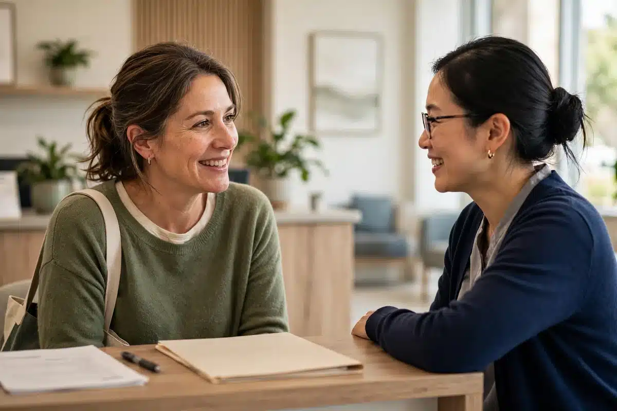 Woman talking with a medical office staff member at a clinic front desk