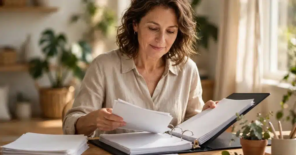 Woman organizing papers into a treatment binder at a sunny home desk