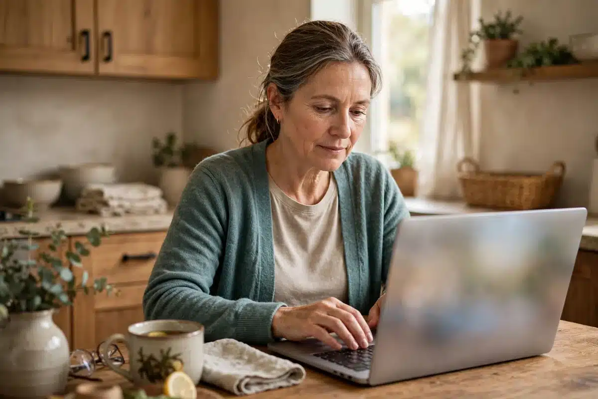 Photo of a caregiver in her 50s sitting at a kitchen table at home typing a short family update on a laptop, calm and focused in soft daylight, screen not readable
