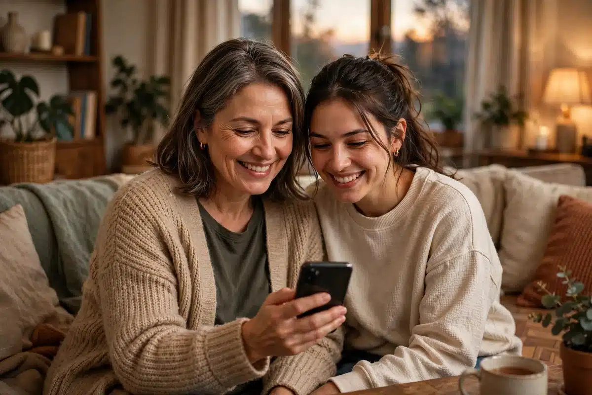 Photo of an extended family group chat moment at home: a woman and her adult daughter sitting together on a sofa looking at a phone and smiling warmly in soft evening light