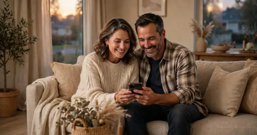 Photo of a woman in her 50s and her husband sitting together on a sofa at home looking at a smartphone together, smiling warmly in soft evening light
