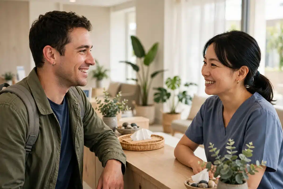 A patient chatting warmly with clinic staff at a bright reception desk