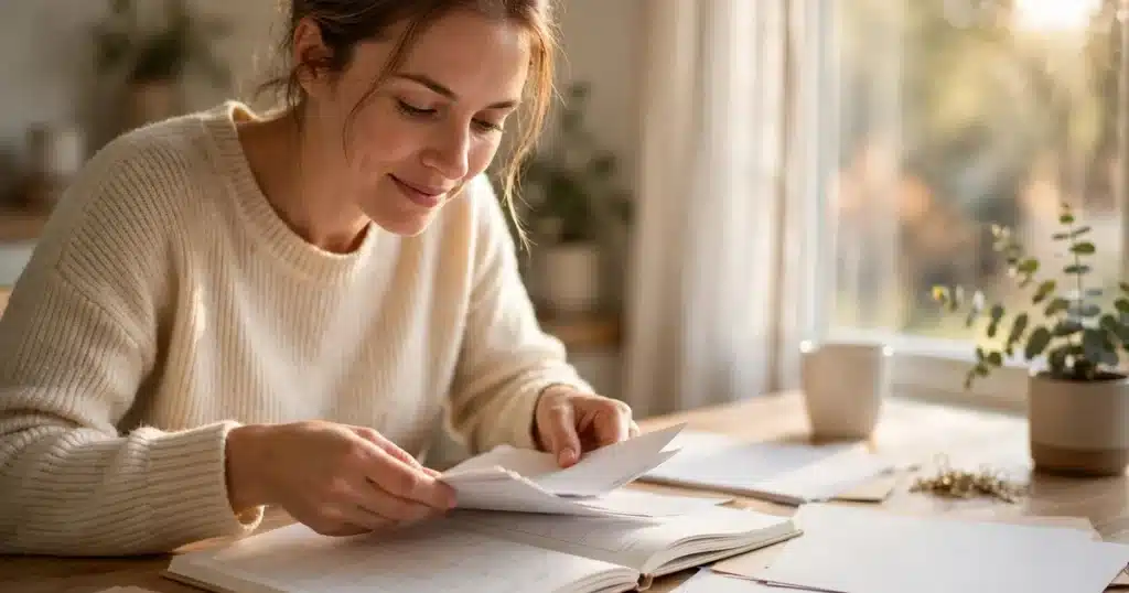 A woman organizing papers and a calendar planner at a bright home desk near a window in warm daylight