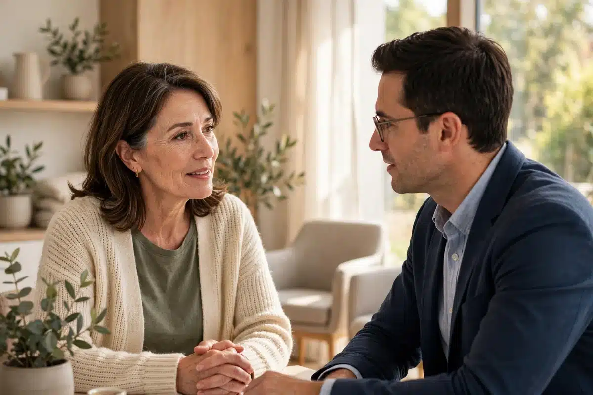 A woman in her fifties having a calm reassuring conversation with her doctor in a bright modern clinic, both seated, warm natural light through a window, the doctor listening attentively, a hopeful and trusting atmosphere