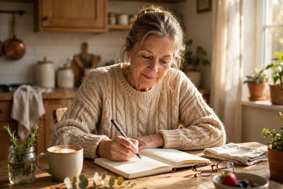 A woman in her fifties journaling at a table in a sunny kitchen with warm morning light, peaceful thoughtful expression, a cozy home atmosphere with plants and a cup of coffee nearby