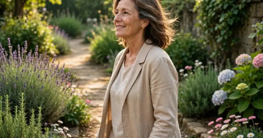 A woman in her fifties walking confidently along a sunny garden path, natural morning light filtering through green leaves, a calm hopeful expression, wearing soft warm neutral clothing