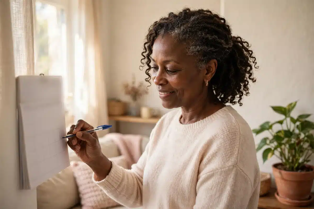 Photo of a Black woman at home marking a date on a blank wall calendar with a pen, smiling softly