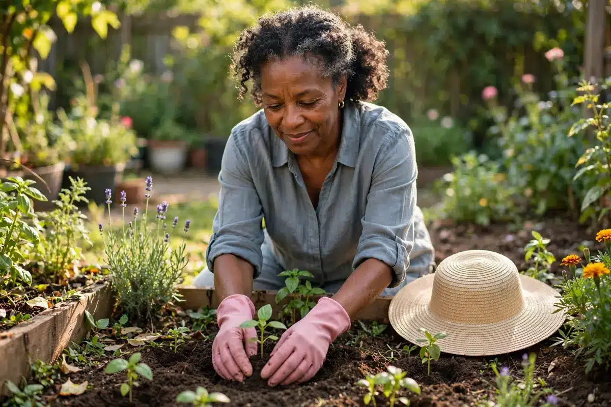 Photo of a Black woman in pink gardening gloves planting young green seedlings in a sunny garden, a straw hat beside her