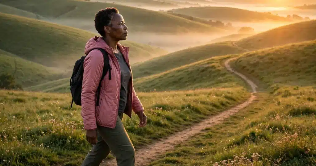 Photo of a Black woman in her 50s wearing a rose-pink jacket, walking a winding path through green hills at sunrise