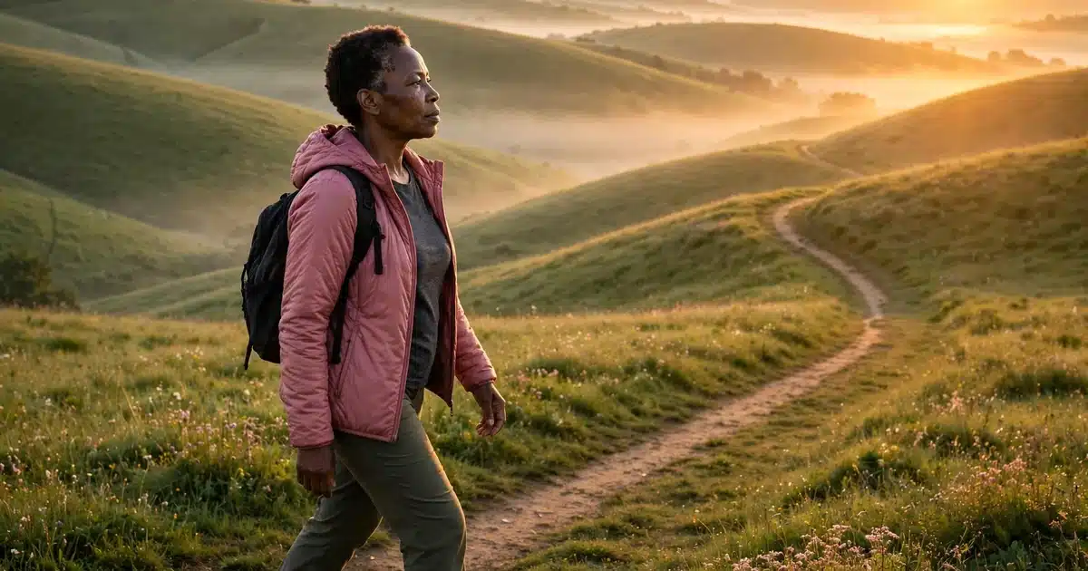 Photo of a Black woman in her 50s wearing a rose-pink jacket, walking a winding path through green hills at sunrise