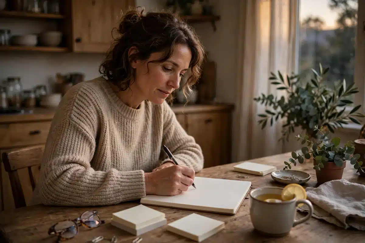 Photo of a woman in her 40s writing in a plain notebook at her kitchen table at home, organising her questions in soft evening light