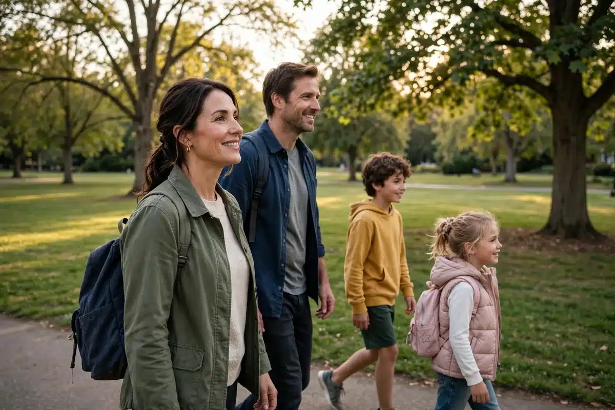 Photo of a woman in her 40s walking in a park with her family in soft afternoon light, hopeful and unhurried
