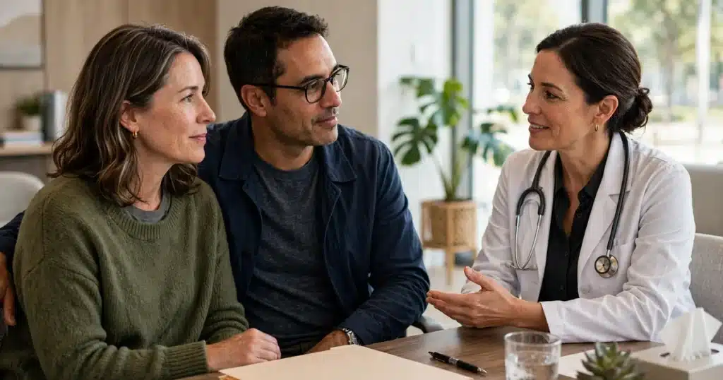 Photo of a woman in her 40s talking with her oncologist in a bright clinic office, her partner sitting beside her