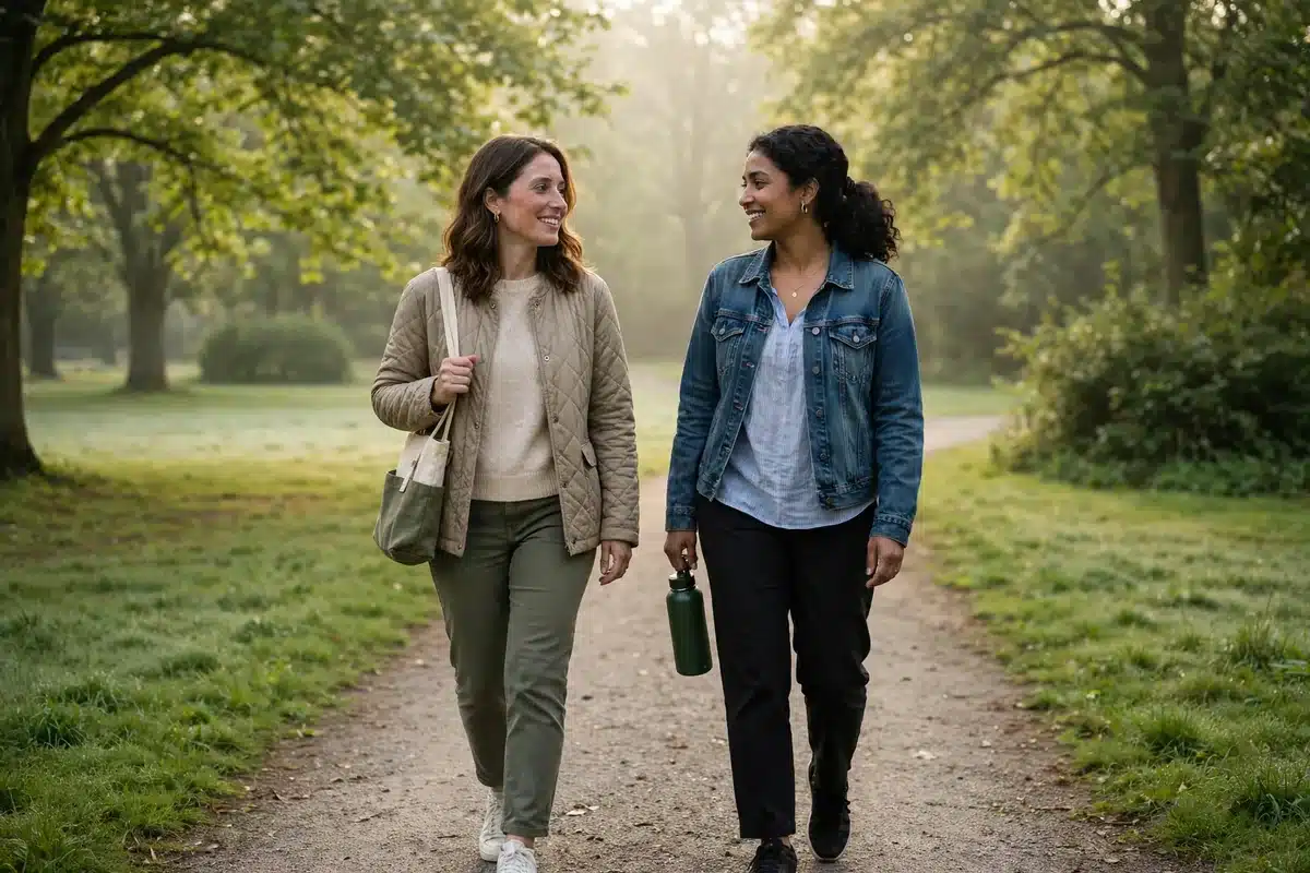Two women taking a gentle walk together on a path in a green park in soft morning light