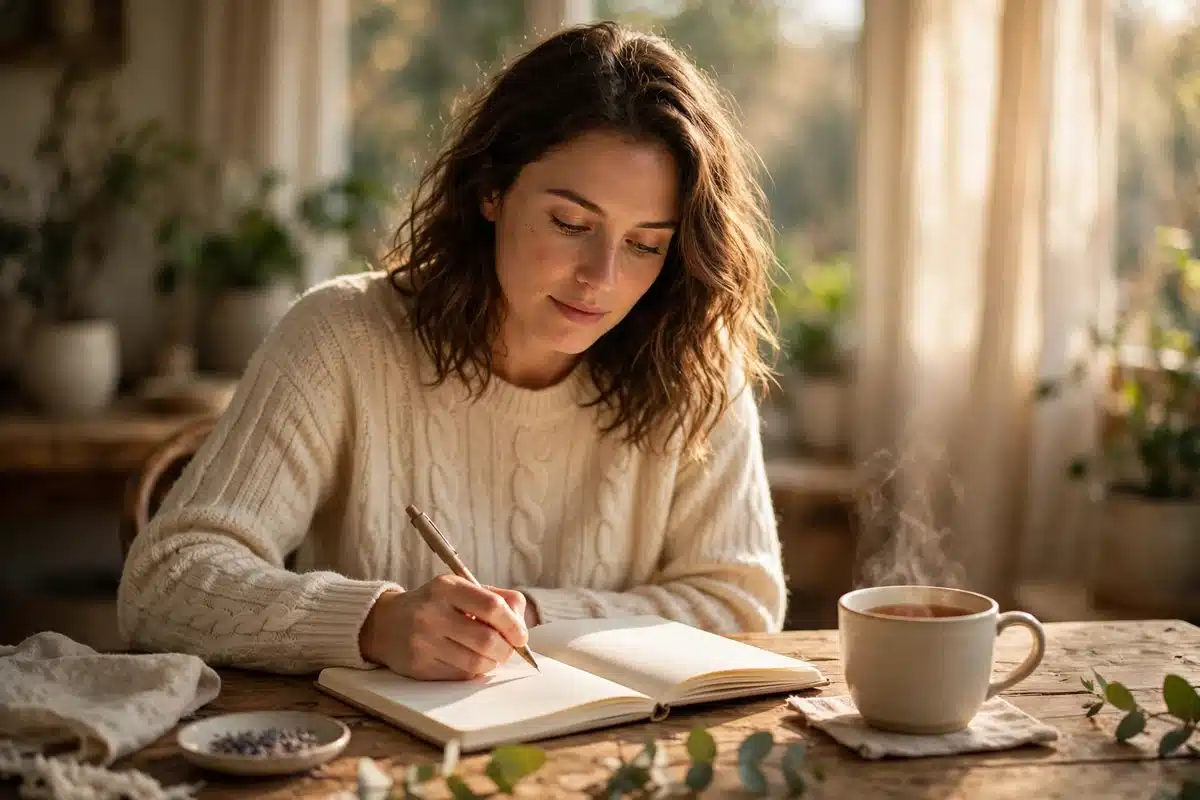 A woman journaling at a desk with a cup of tea in warm natural light