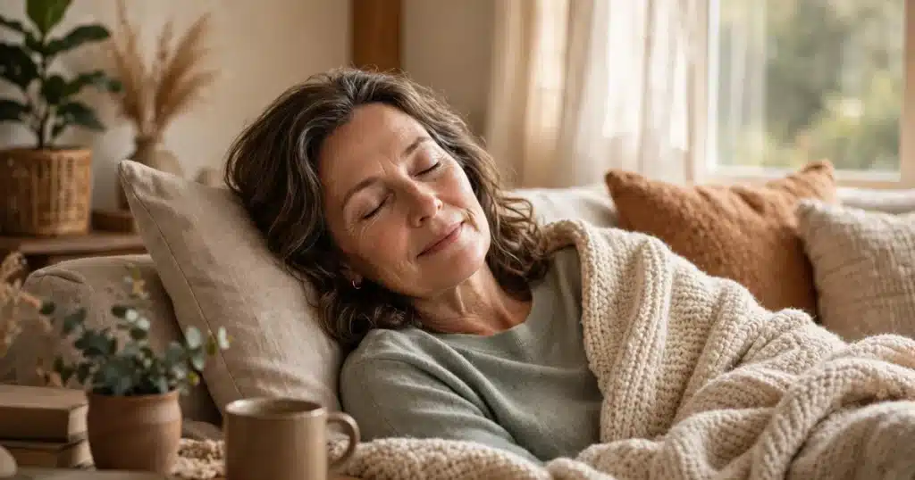 A woman resting peacefully on a sofa with a soft blanket in warm daylight