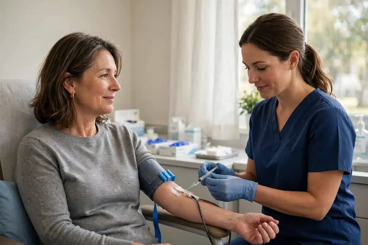 A woman calmly having a routine blood draw performed by a gentle nurse in a bright clinic room