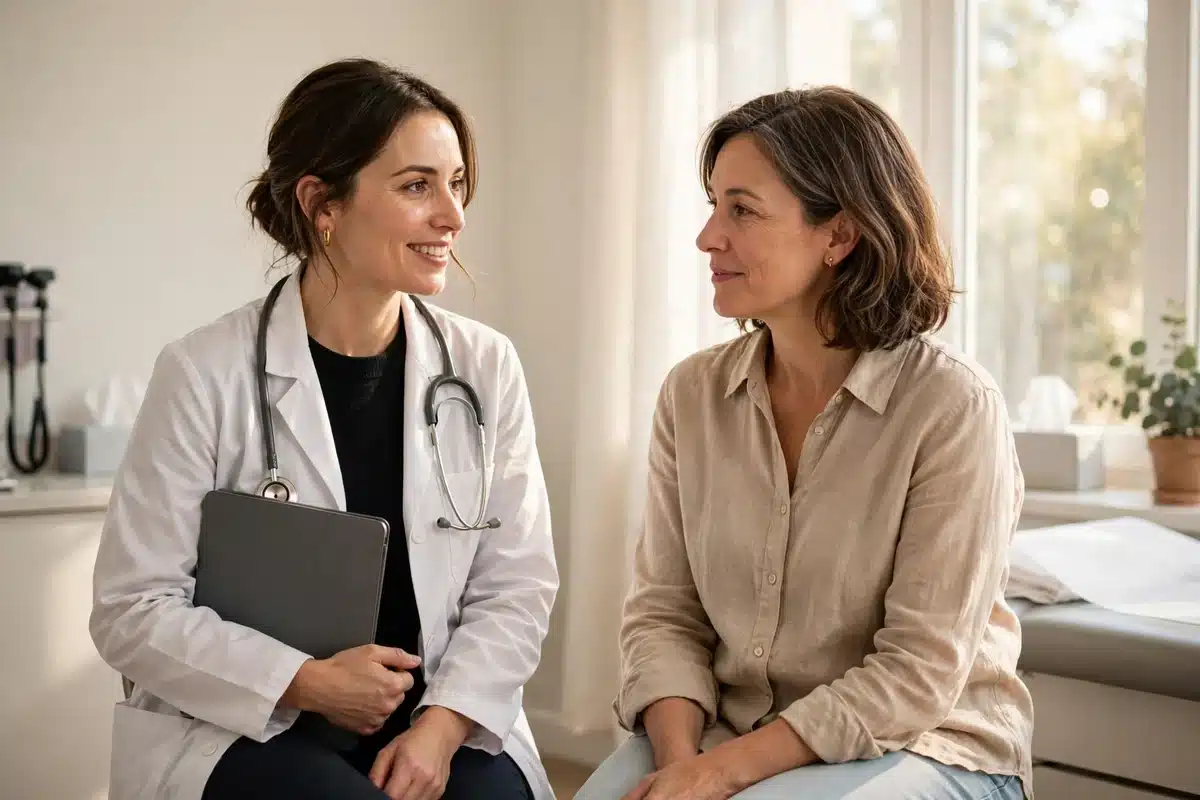 A female doctor and a woman patient sitting together talking in a bright exam room