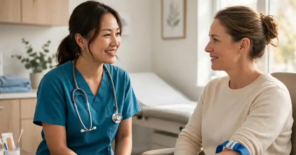 Smiling female nurse in blue scrubs talking with a woman patient in a bright clinic room