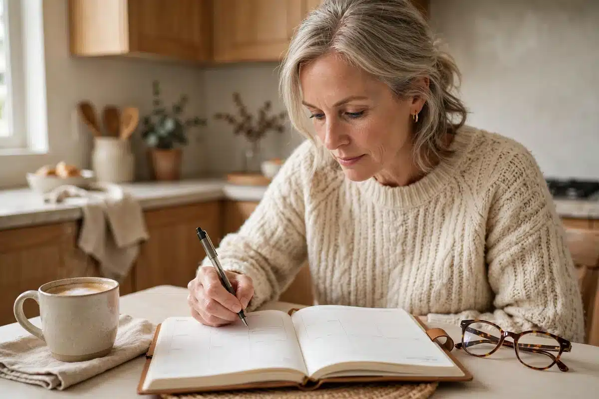 A woman writing appointments in a paper planner at her kitchen table, with a cup of coffee and her reading glasses beside her