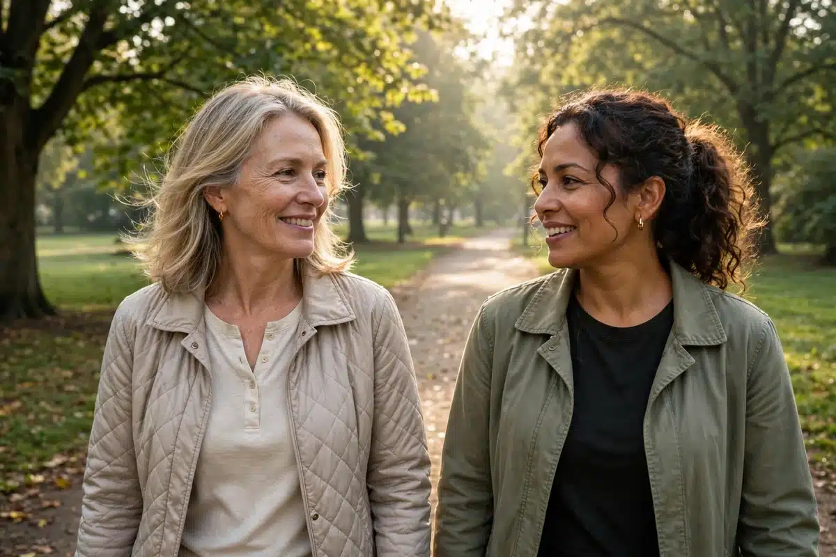 Two women friends walking and talking together on a path in a park with green trees