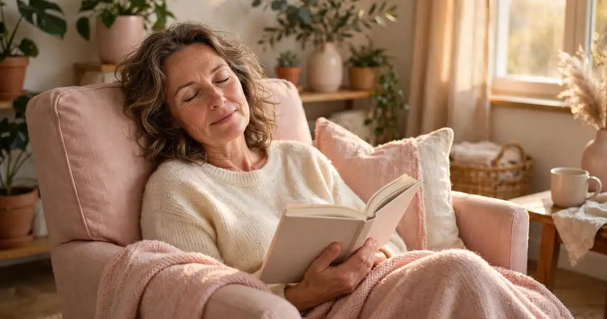 A woman resting in a cozy armchair at home with a soft pink blanket over her legs, holding a book in warm afternoon light