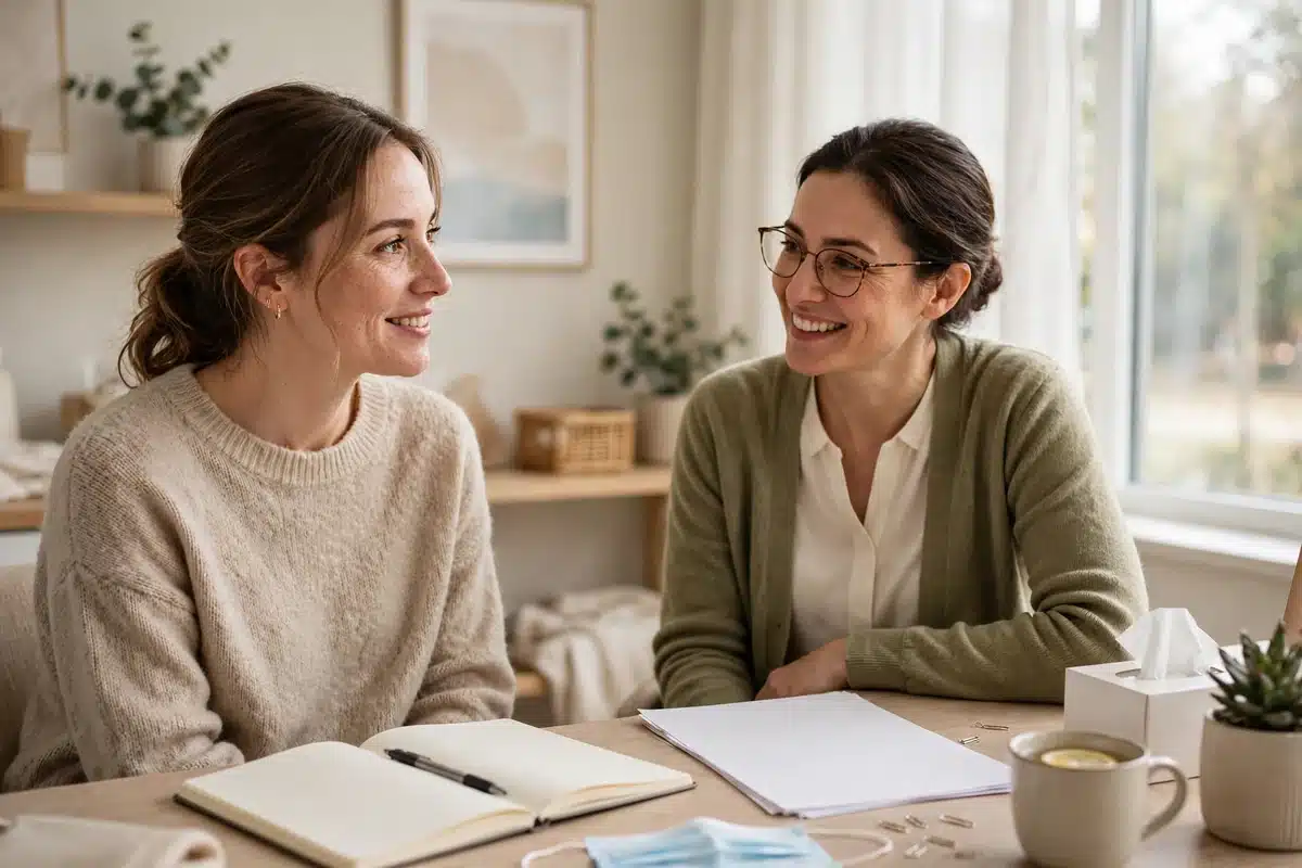 A woman having a warm, relaxed conversation with a hospital social worker