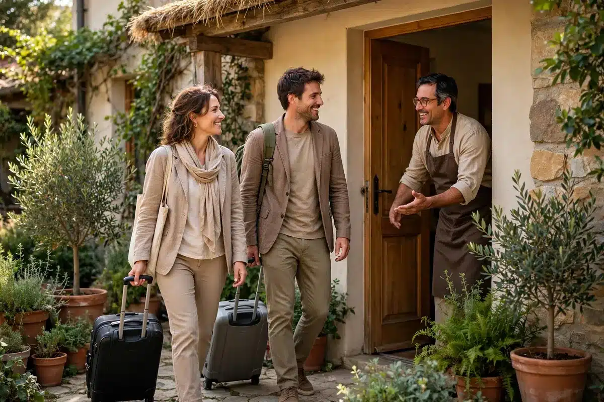 A hopeful couple arriving with rolling suitcases at the entrance of a bright hotel