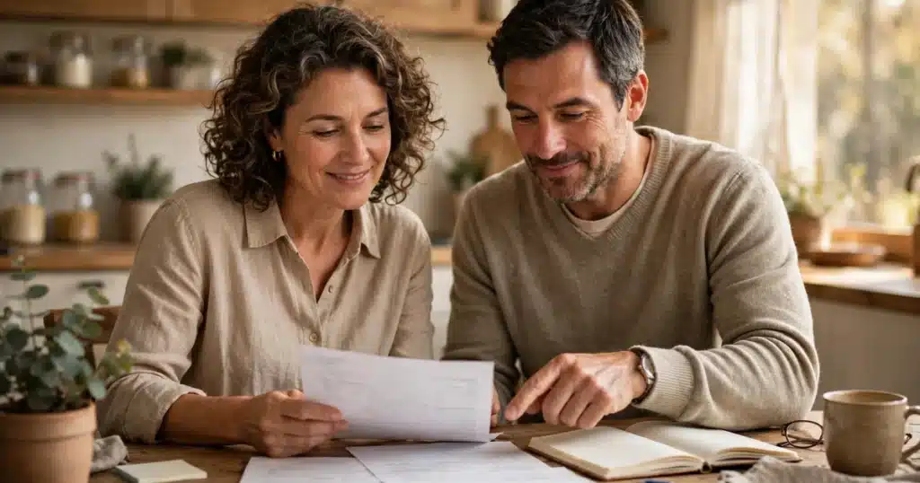 A couple reviewing travel paperwork together at a warm kitchen table
