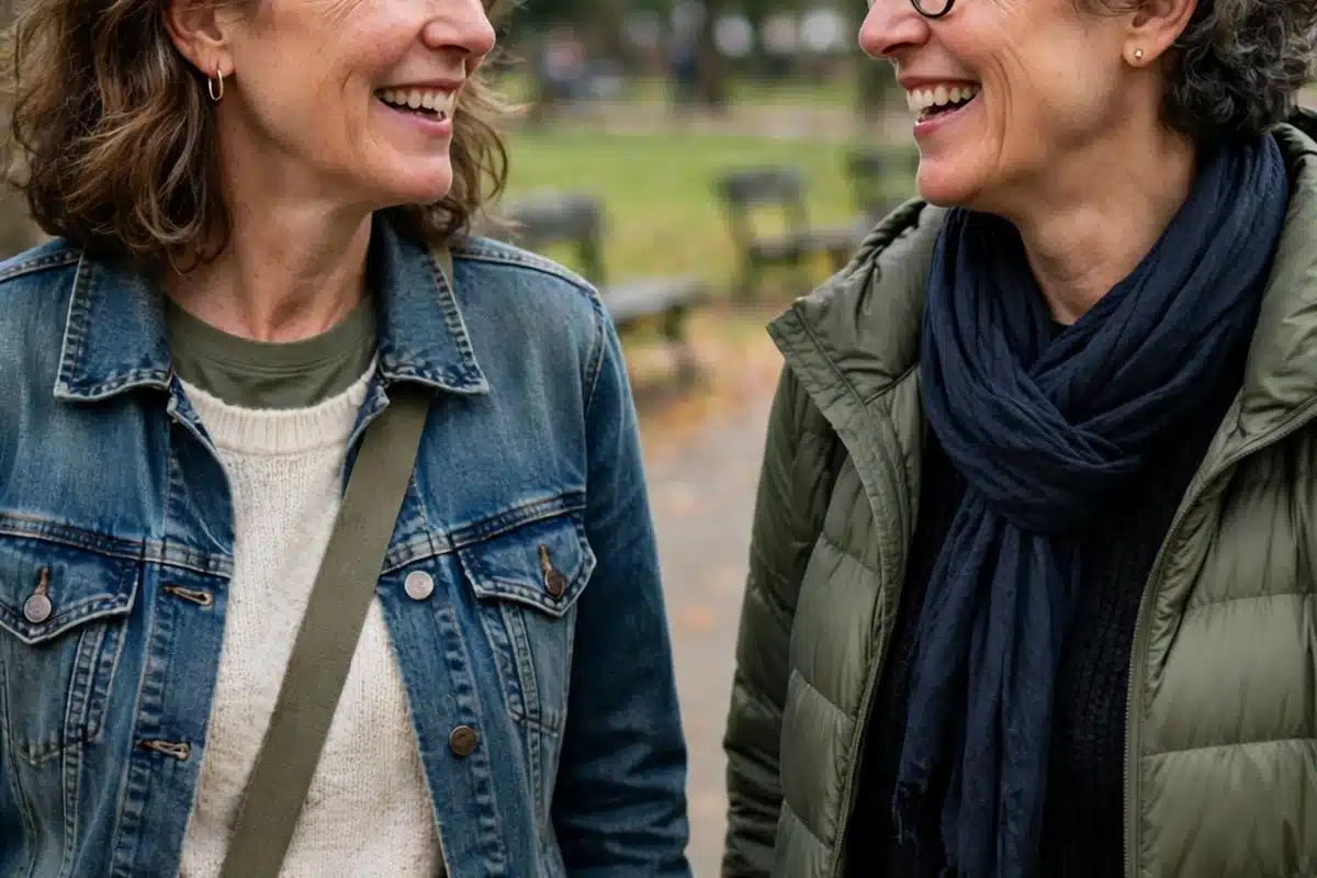 Photo of a woman in her 50s walking in a park with a close friend, talking together in soft daylight, relaxed and companionable