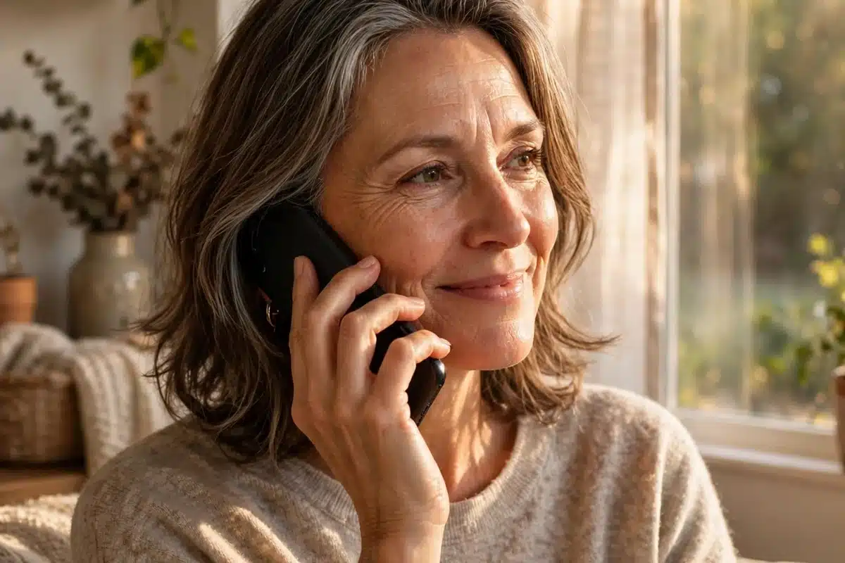 Photo of a woman in her 50s talking on the phone at home, smiling gently as she listens, warm afternoon light through a window