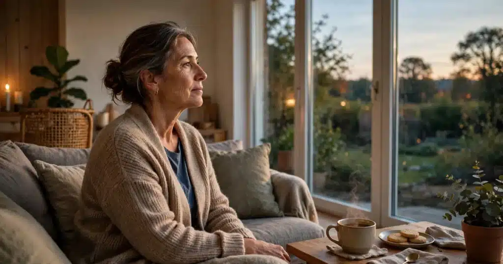 Photo of a woman in her 50s sitting quietly on a sofa at home by a window in soft evening light, a cup of tea beside her, thoughtful and peaceful