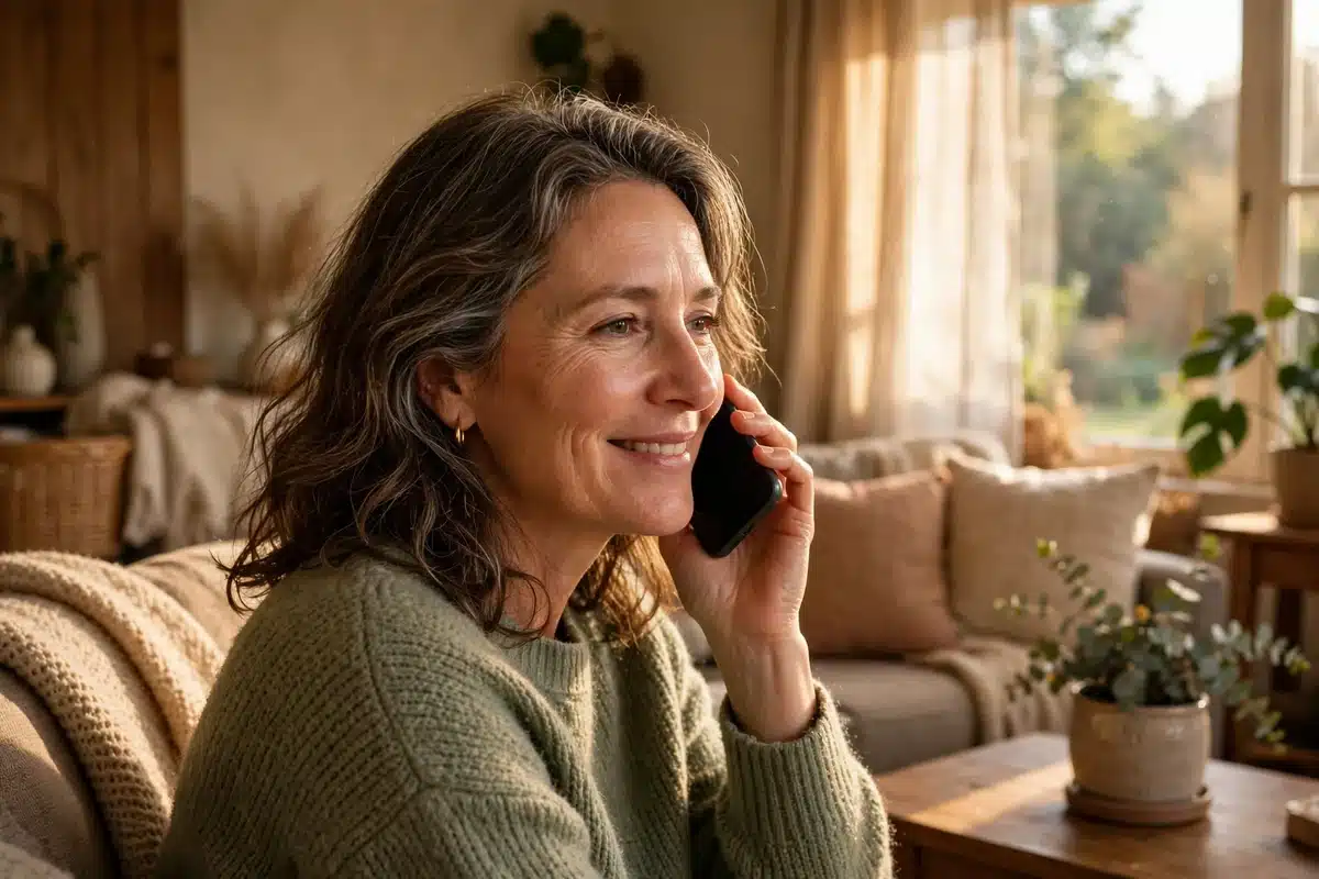 Photo of a woman in her 50s talking on the phone at home, smiling gently as she listens, warm afternoon light through a window