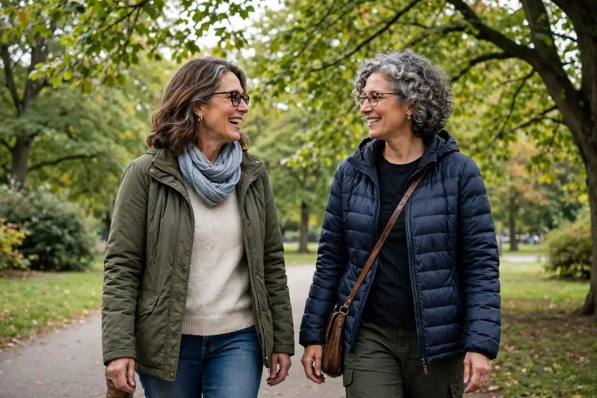Photo of a woman in her 50s walking in a park with a close friend, talking together in soft daylight, relaxed and companionable