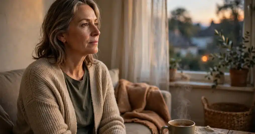 Photo of a woman in her 50s sitting alone on a sofa at home by a window in soft evening light, thoughtful and quiet, a cup of tea on the table beside her