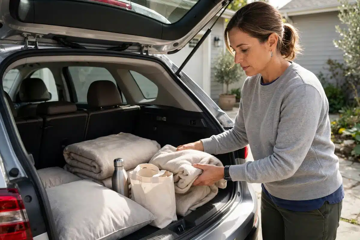 Photo of a woman caregiver in her 40s packing a car trunk at home with a soft blanket, a water bottle, a small plain tote bag and a cushion in bright morning light