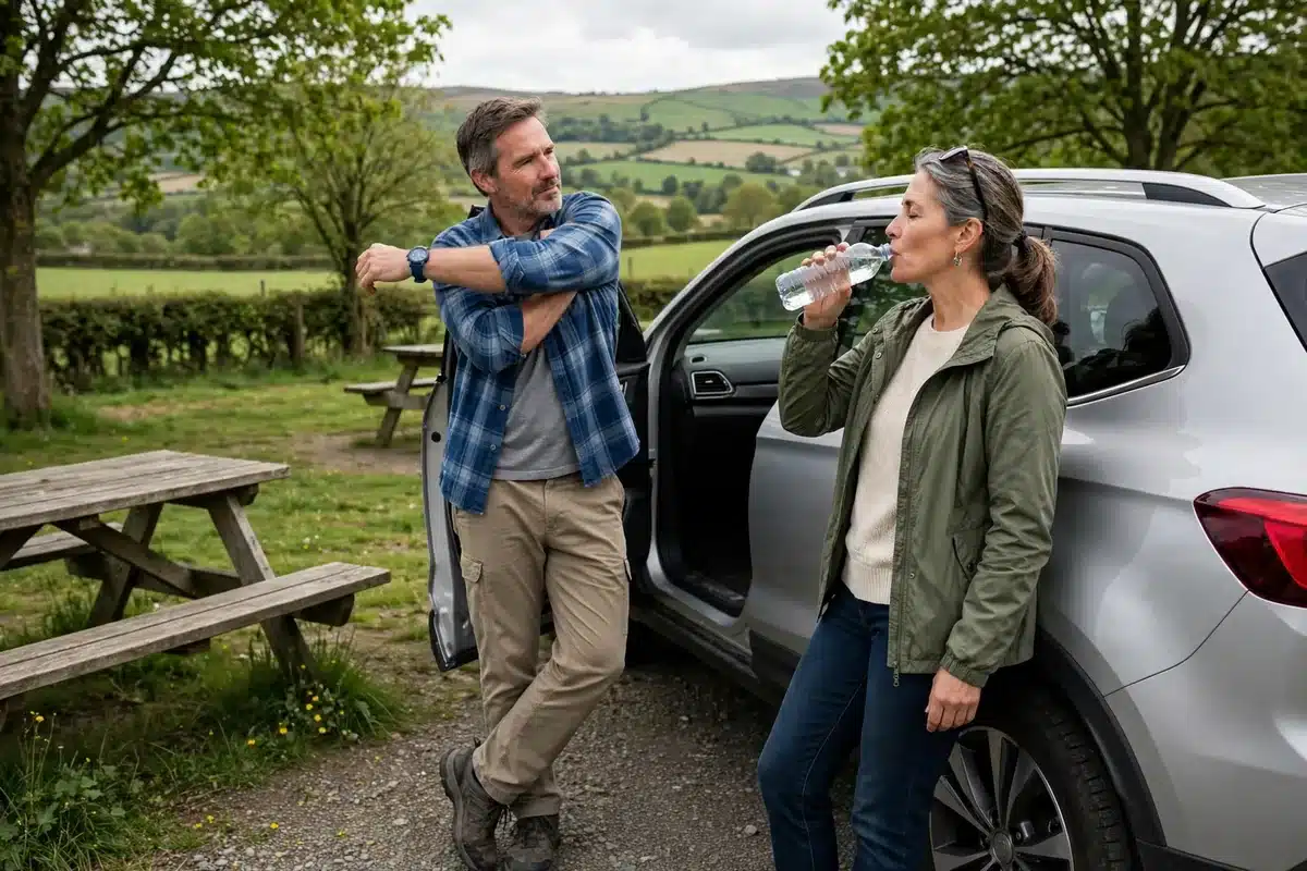 Photo of a couple in their 50s taking a rest break at a roadside picnic area, stretching and drinking water beside their parked car in green countryside in soft daylight