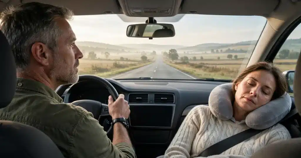 Photo of a husband in his 50s driving a car on an open rural highway with his wife resting in the passenger seat with a neck pillow in calm morning light
