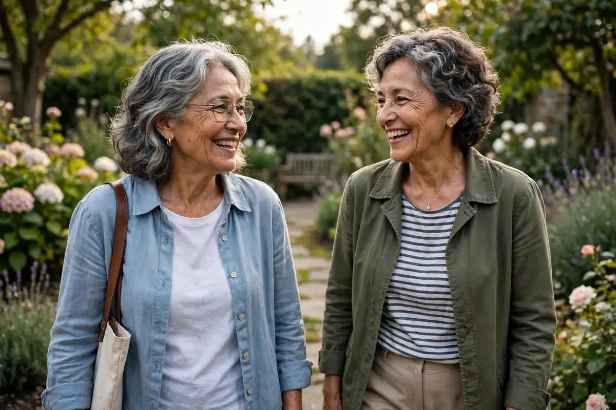 Photo of a woman in her 60s walking in a garden with a close friend, relaxed, soft daylight