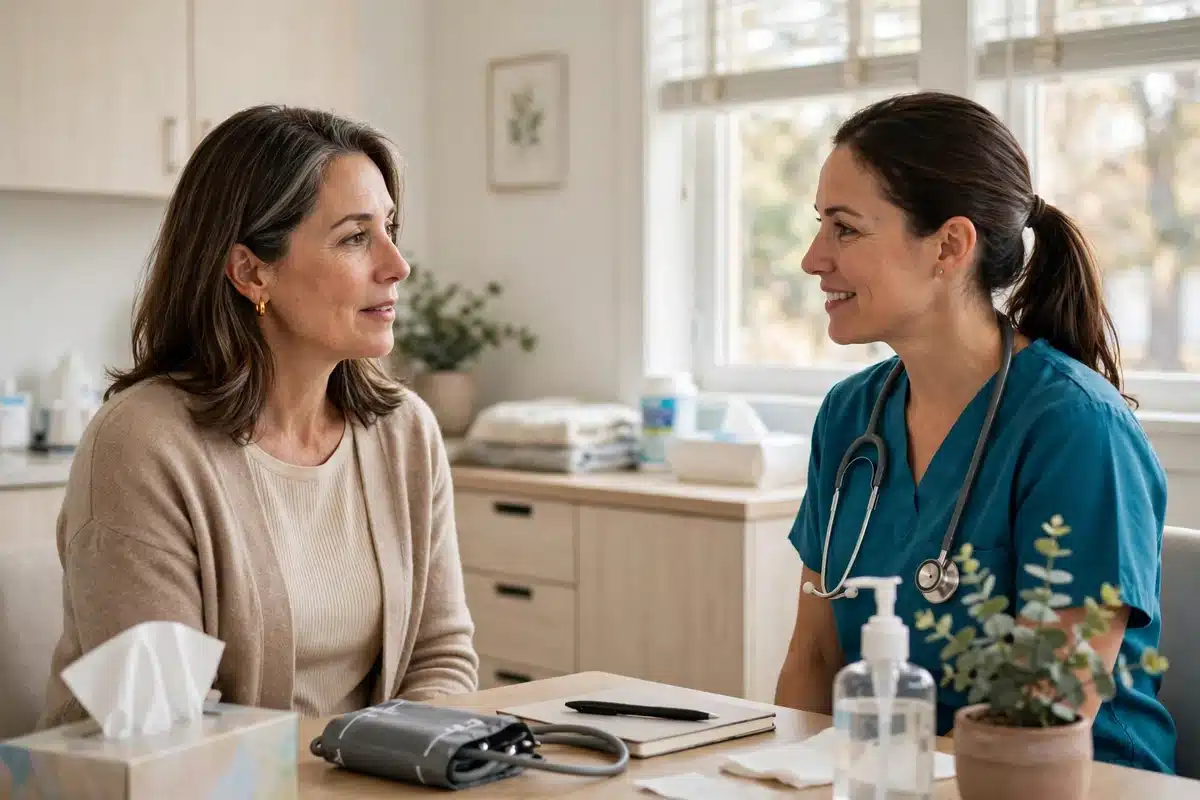 Photo of a woman in her 40s talking with a female nurse in a bright clinic consultation room, calm, natural window light