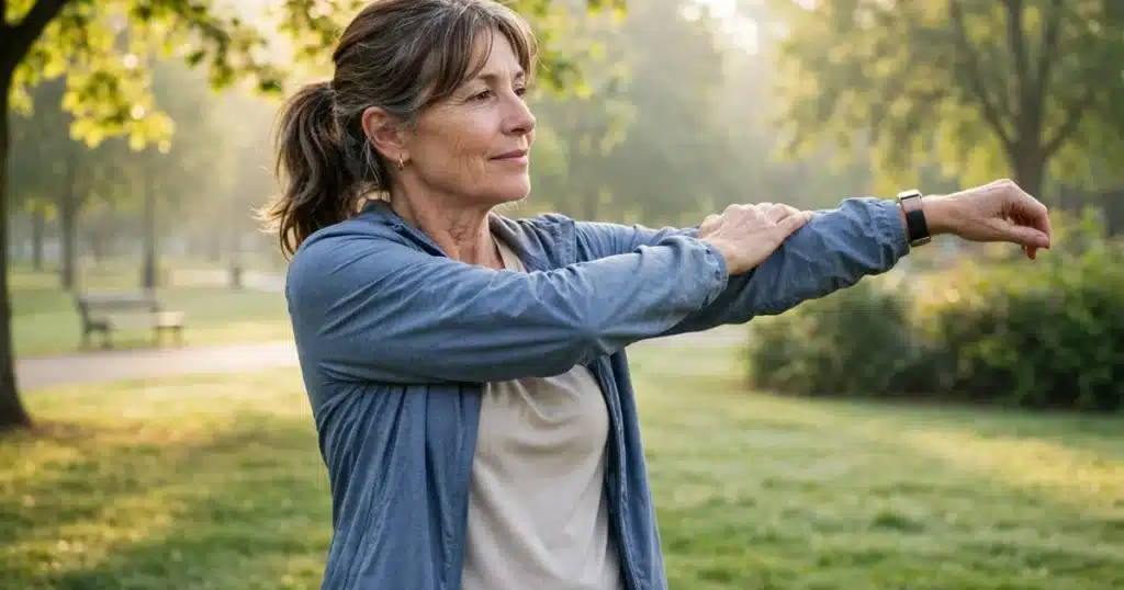Photo of a woman in her 50s doing gentle arm stretches in a bright park in soft morning light, calm and relaxed