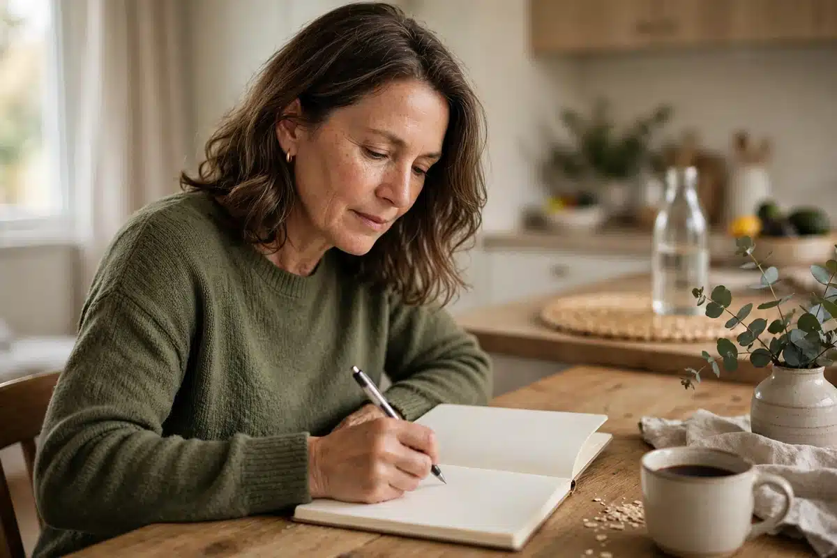 Photo of a woman in her late 40s at home writing a list of questions in a plain blank notebook at her wooden kitchen table, pen in hand, thoughtful calm mood, soft morning daylight