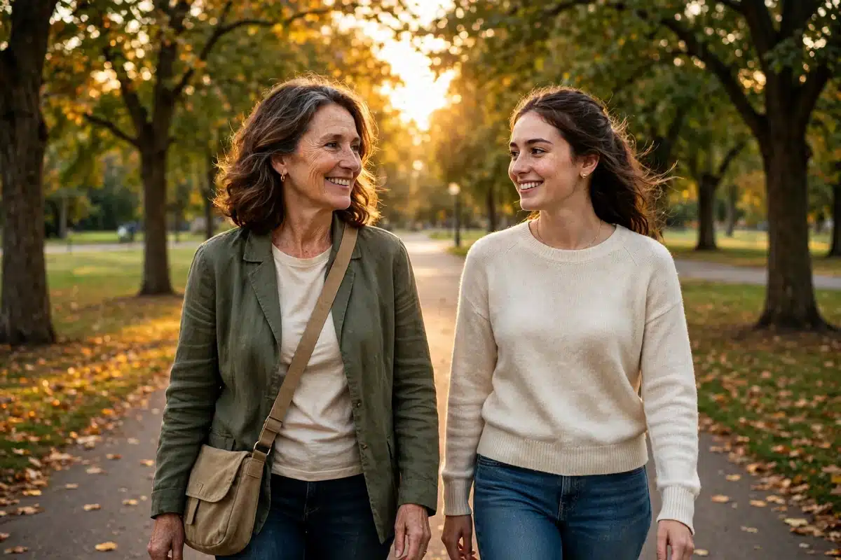 Photo of a woman in her late 40s walking outdoors with her adult daughter along a tree-lined path in a park in warm golden afternoon light, both smiling gently, relaxed hopeful mood