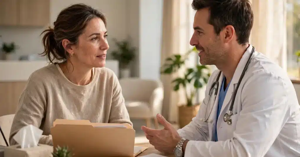 Photo of a woman in her late 40s talking with her doctor in a bright clinic office about her pathology report, calm and engaged