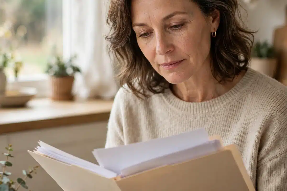 Photo of a woman in her early 50s at home reading through a folder of plain blank papers at her kitchen table, thoughtful and calm, soft morning daylight